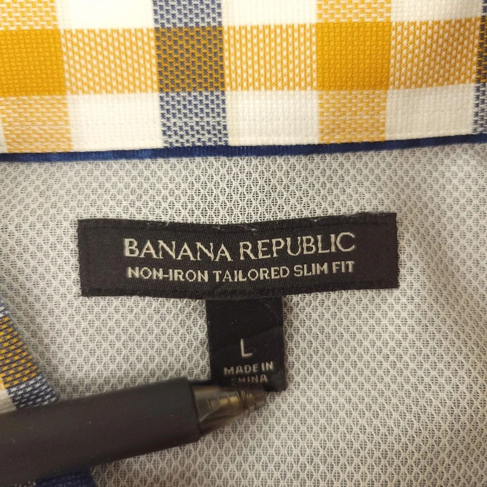 Banana Republic Oxford Dress Shirt Mens L Yellow Blue Gingham Slim Fit Non Iron